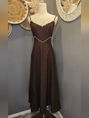 Caroline Constas Orella Scallop Linen Maxi Dress Espresso Brown Small SNWT